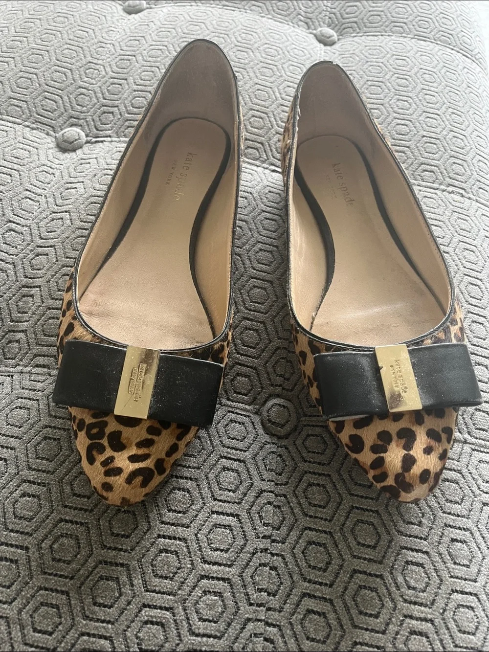 kate spade Leopard Print Pointed-Toe Flats with Black Bow and Gold Accent